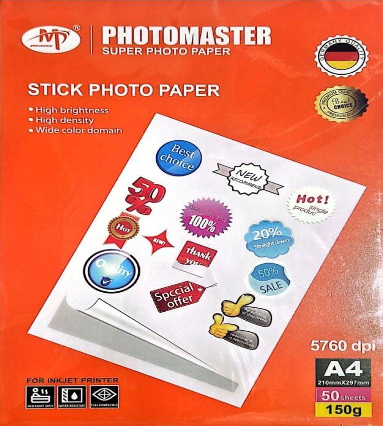 Papier Photo Adhésif , 150 g, 50 Feuilles, Format A4, Compatible avec Toutes les Imprimantes à Jet d'Encre et Laser